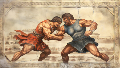 Fiction antique art paint of Greco-Roman style wrestlers. Athletes-wrestlers of ancient times. Antique Olympic games, wrestling competition.