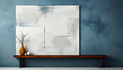 White board on blue wall and podium. Minimalist interior decoration with copy space. 