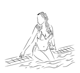 beautiful woman in a pool using bikini, line art illustration