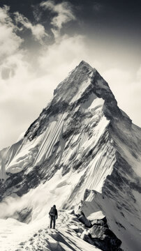 Beautiful black and white image of a mountaineer climbing on the snowy side of a mountain.