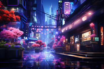 Cyberpunk-style night city with sakura flowers. Generative ai