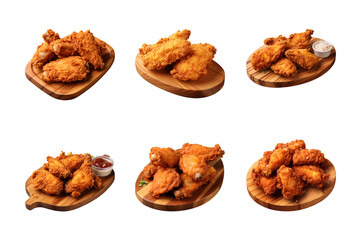 collection of crispy and tasty fried chicken on a wooden cutting board isolated on a transparent background - obrazy, fototapety, plakaty