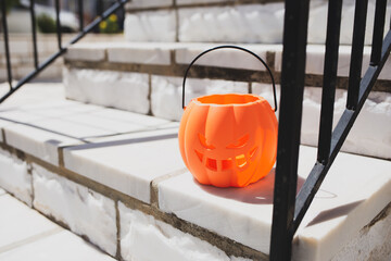 Concept of halloween. Happy Halloween day. Empty Pumpkin bag basket for sweets candy