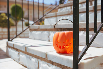 Concept of halloween. Happy Halloween day. Empty Pumpkin bag basket for sweets candy. 