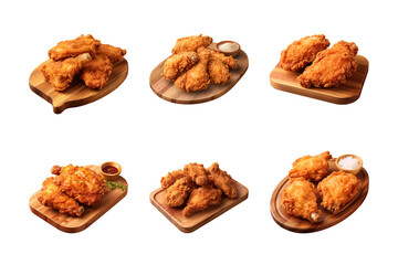 collection of crispy and tasty fried chicken on a wooden cutting board isolated on a transparent background