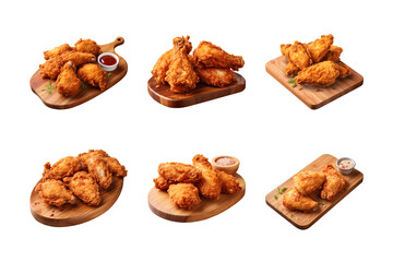 collection of crispy and tasty fried chicken on a wooden cutting board isolated on a transparent background - obrazy, fototapety, plakaty