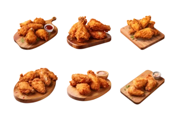 Fotobehang collection of crispy and tasty fried chicken on a wooden cutting board isolated on a transparent background © agungai