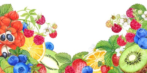 Watercolor banner design for organic food cafe menu. Natural fresh fruits and berries. Horizontal composition with guarana, lemon, orange, strawberry, raspberry, blueberry.