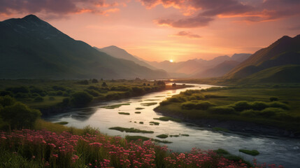 A peaceful river meanders through a landscape of lush green fields and towering mountains The sun is setting, painting the sky in shades of pink and orange