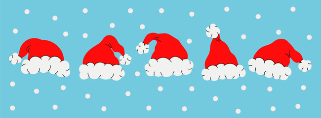 red christmas vector hats illustration banner with snowing snowflakes blue background