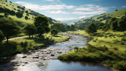 Obraz premium peaceful river, winding through a valley of rolling hills and lush vegetation