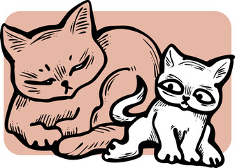 Cute cats friends sitting together. Decorative border, banner, postcard, poster print for kids room or birthday. Logo design for veterinary. Hand drawn illustration. Cartoon character vector drawing.