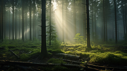 Naklejka premium A peaceful, misty forest, with the sun filtering through the trees