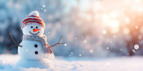 Merry Christmas and happy new year concept, Happy snowman standing in Christmas winter background, Copy space, generative ai - obrazy, fototapety, plakaty