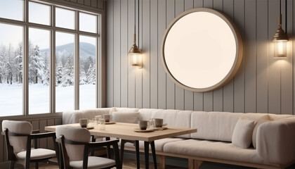 Fototapeta na wymiar Modern cozy cottage interior with empty poster on wall, chairs, lamps and window with winter landscape view and sunlight. Mock up, 3D Rendering. Winter theme interior copy space