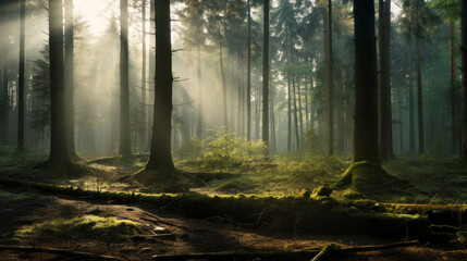 A peaceful, misty forest, with the sun filtering through the trees