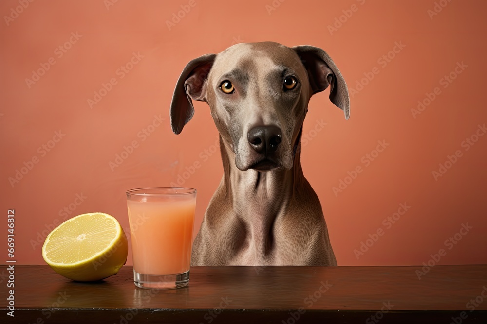 Poster a dog sitting at a table with a glass of orange juice in front of it and a half of a lemon on the ta