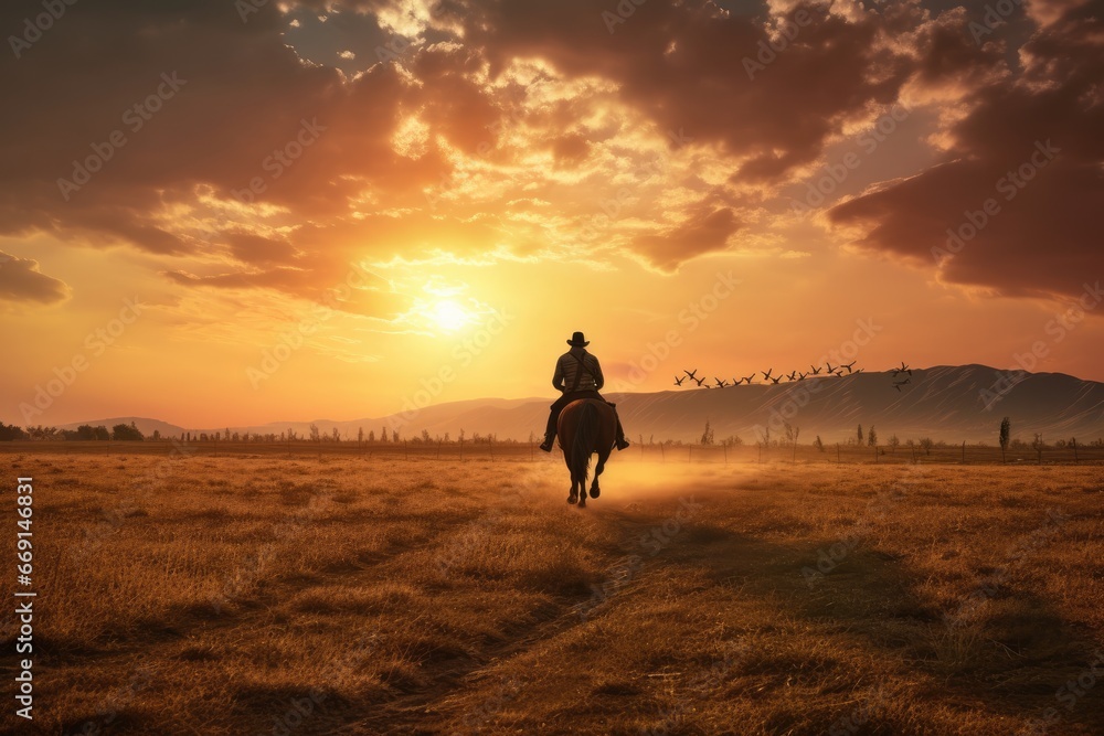 Poster a man riding on the back of a brown horse across a dry grass field under a cloudy sky with the sun s