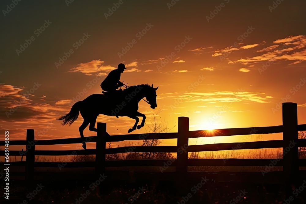 Poster a person riding on the back of a horse in a fenced in area with the sun setting behind the horse and