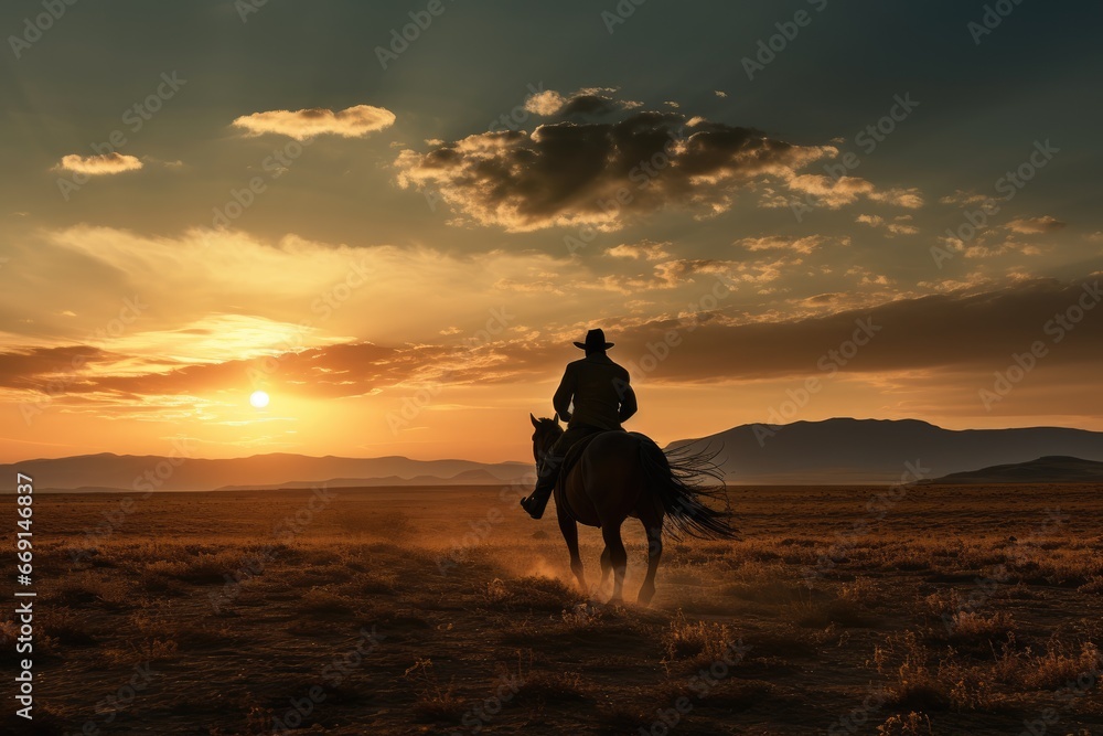 Poster a man riding on the back of a horse in the middle of a field with a sunset in the back of the field 