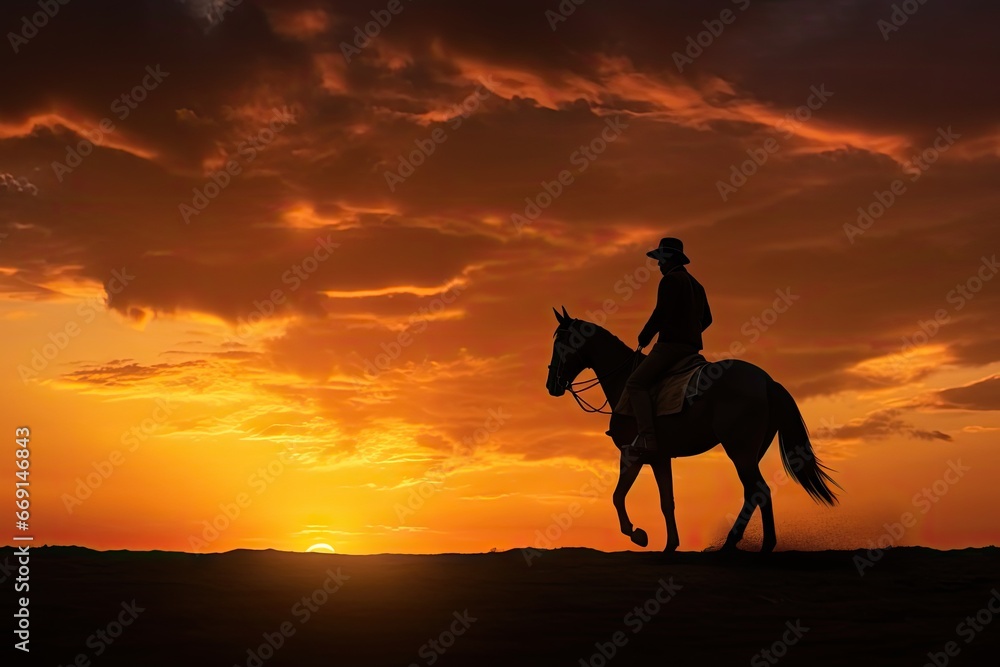 Poster a man riding on the back of a horse in front of a sky filled with clouds with the sun setting behind