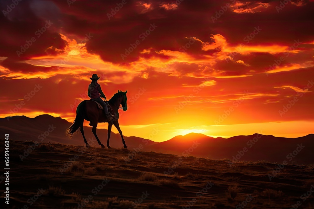 Poster a man riding on the back of a horse across a desert under a red sky with a sunset behind him and a m
