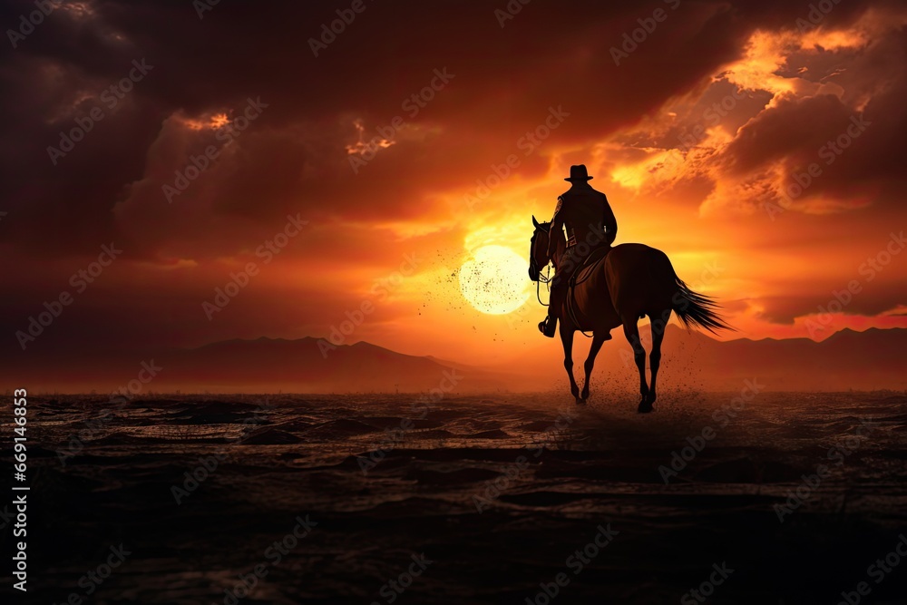 Poster a man riding on the back of a horse across a body of water in front of a red sky with the sun settin