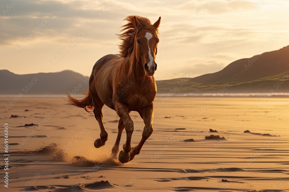 Poster a horse running across a sandy beach near the ocean at sunset with mountains in the backgrouds and c