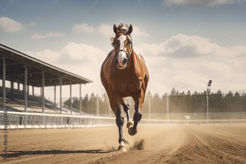 Poster a horse running on a dirt track in front of a fenced in area with grass and a fenced in area with tr