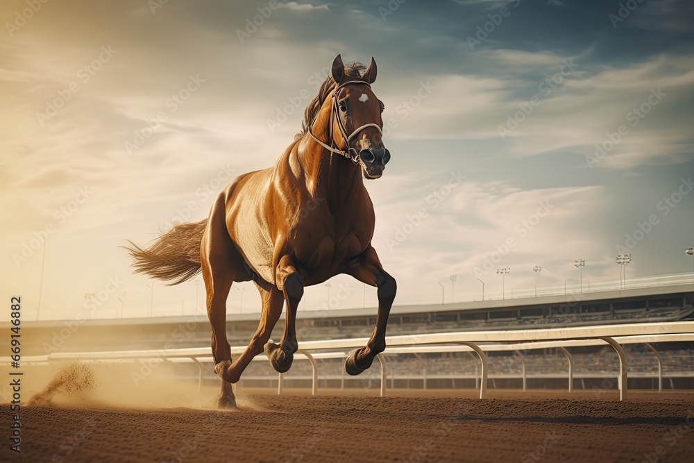 Poster a horse running on a dirt track in front of an empty bleachers with a cloudy sky and sun shining on 