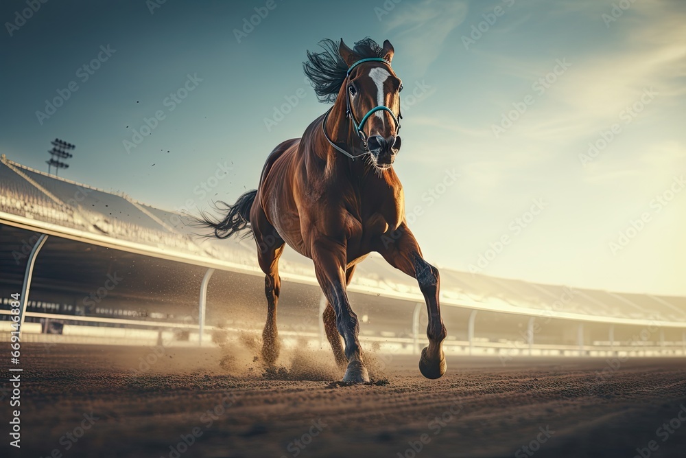 Poster a horse is galloping on a dirt track in front of an empty bleachers with a sky in the background and