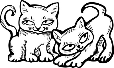 Cute cats friends sitting together. Decorative border, banner, postcard, poster print for kids room or birthday. Logo design for veterinary. Hand drawn illustration. Cartoon character vector drawing.