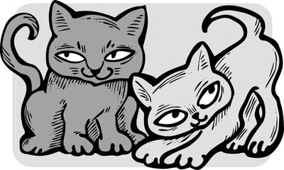 Cute cats friends sitting together. Decorative border, banner, postcard, poster print for kids room or birthday. Logo design for veterinary. Hand drawn illustration. Cartoon character vector drawing.