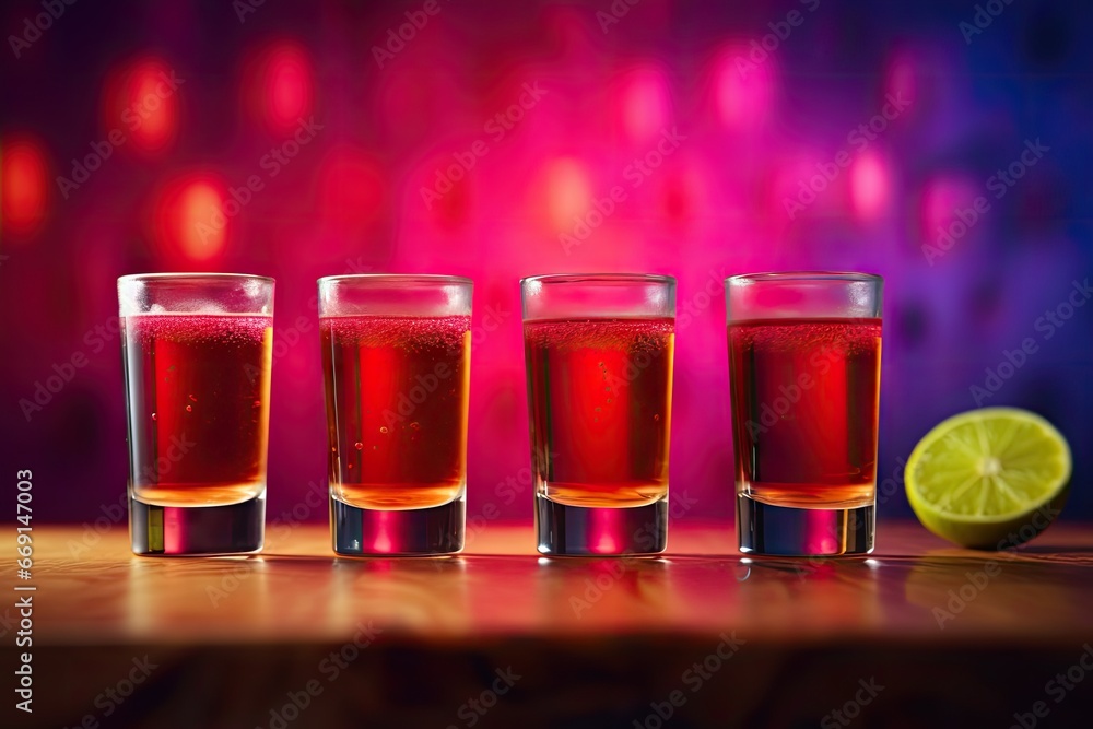 Aufkleber a row of shot glasses filled with liquid next to a slice of lime on a wooden table with a pink and p