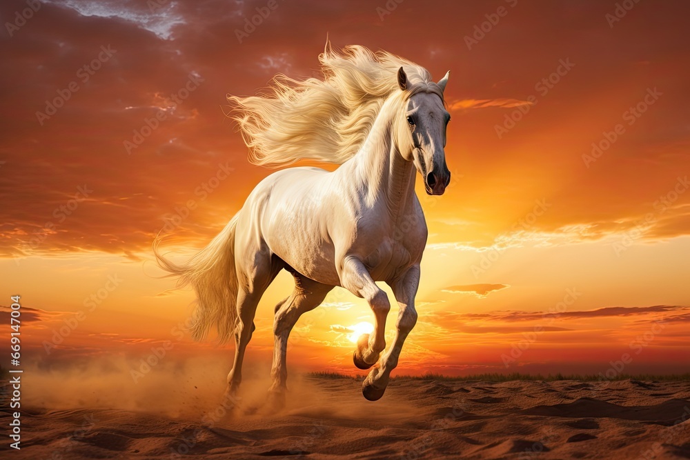 Poster a white horse is galloping through the sand as the sun sets in the distance in the middle of a deser