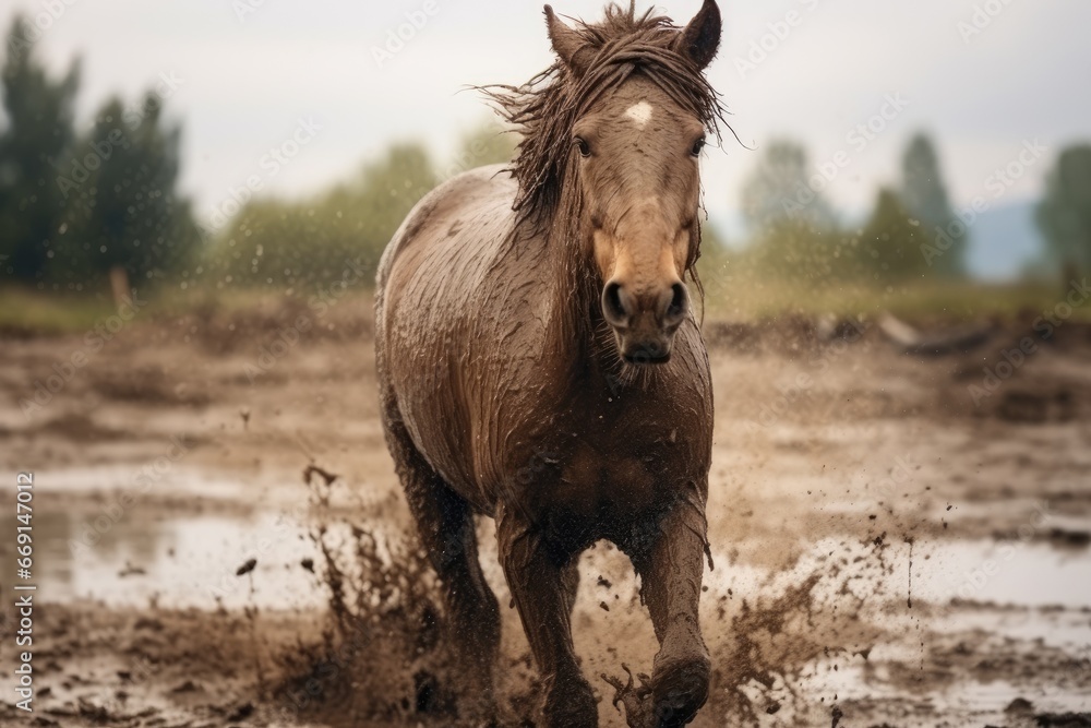 Poster a horse running through a muddy field with trees in the backgrouund and a sky in the backgrouund wit