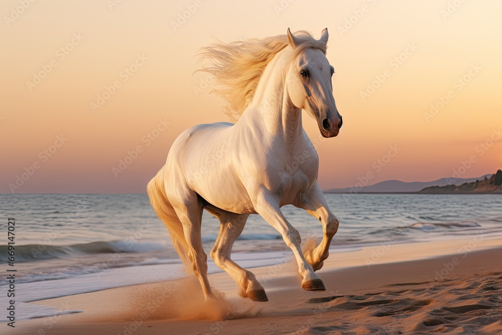 Poster a white horse running on a beach near the ocean with the sun setting in the background and a person 