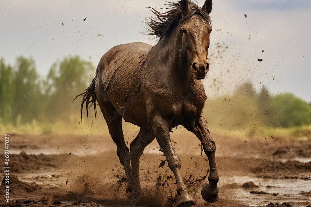 Poster a horse running through a muddy field with trees in the backgrouund and birds flying in the sky in t