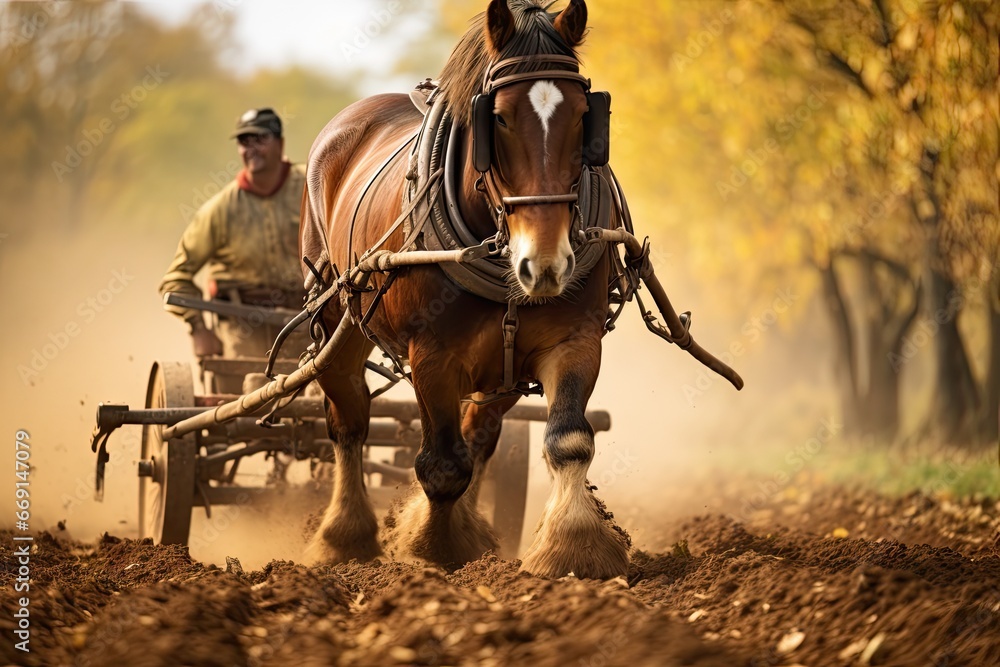 Poster a man is plowing a field with a horse and a plow in the foreground and a man in the background behin