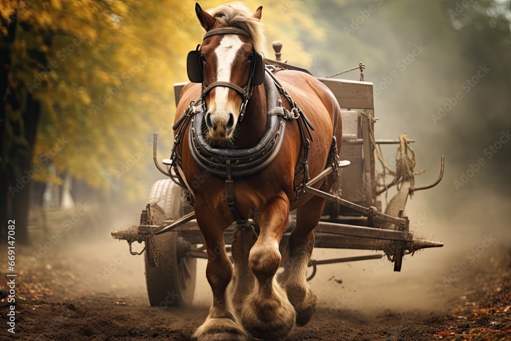 Poster a horse pulling a buggy on a dirt road in front of a row of trees with yellow leaves on the ground a