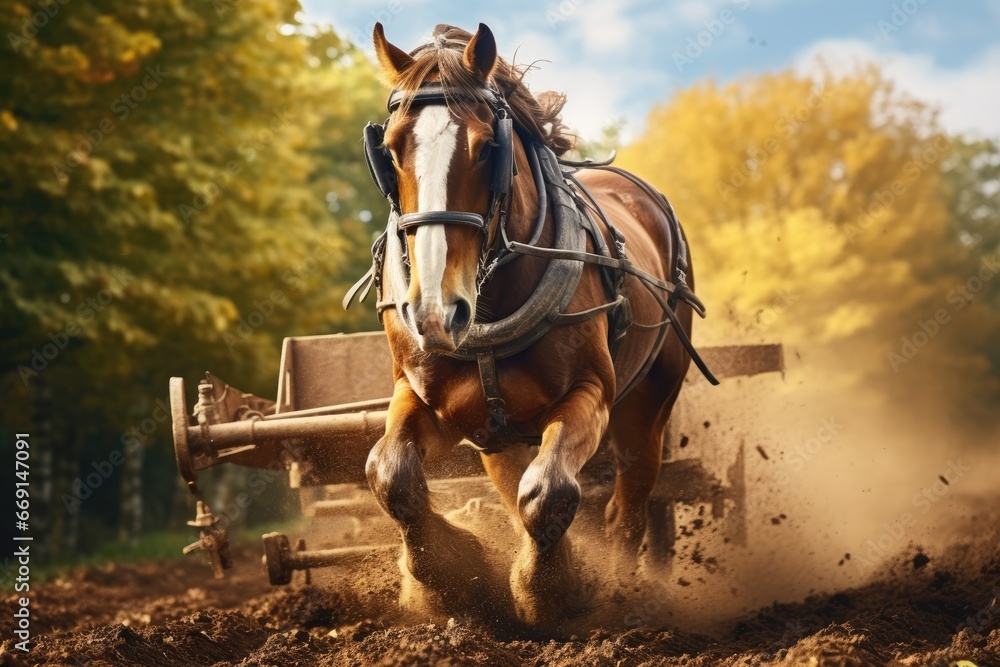 Poster a horse pulling a plow in the middle of a field with trees in the background and a blue sky with a f