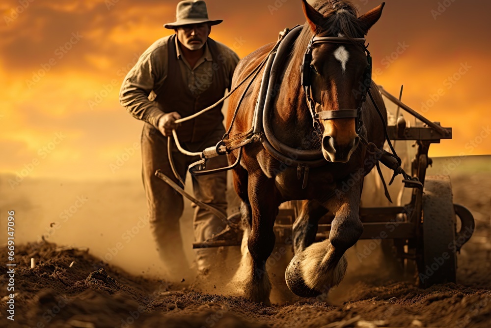 Poster a man plowing a field with a horse and a plow in front of an orange sky with a sun setting behind hi
