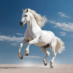 Obraz na płótnie Canvas a white horse is galloping across a sandy area with a blue sky in the background and white clouds in the sky above the horse is a galloping in the foreground. generative ai