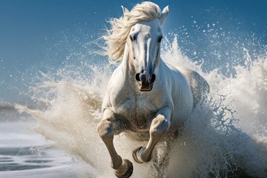  a white horse running through the water with a splash of water on it's back and it's front legs in the air and it's front legs in the air.  generative ai
