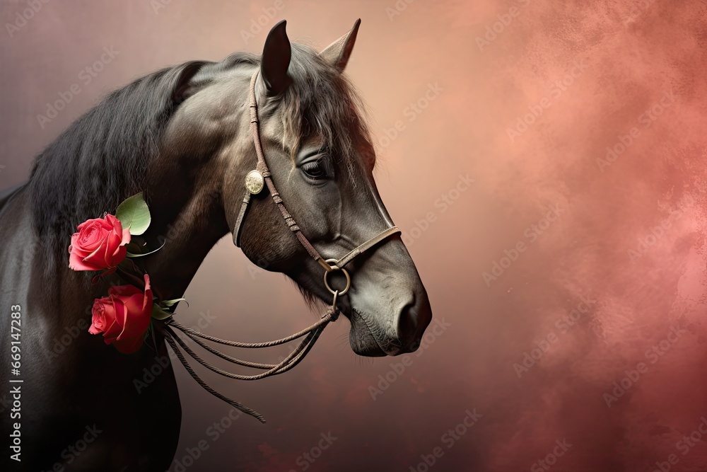 Sticker a black horse with a red rose in its bridle and a red rose in the bridle of it's bridle, against a p