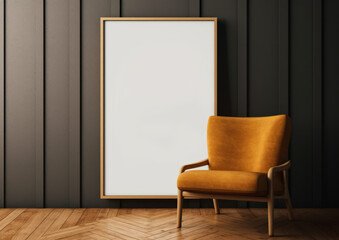 Wall art empty picture frame mockup on wooden desk, wall, table. Vase with olive branches, cactus. Elegant working space, home office concept.