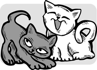 Cute cats friends sitting together. Decorative border, banner, postcard, poster print for kids room or birthday. Logo design for veterinary. Hand drawn illustration. Cartoon character vector drawing.