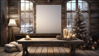 Modern cozy cottage interior with empty poster on wall, chairs, lamps and window with winter landscape view and sunlight. Mock up, 3D Rendering. Winter theme interior copy space - obrazy, fototapety, plakaty
