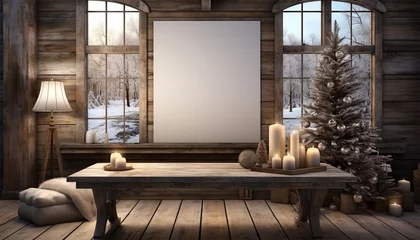Foto op Plexiglas Modern cozy cottage interior with empty poster on wall, chairs, lamps and window with winter landscape view and sunlight. Mock up, 3D Rendering. Winter theme interior copy space © annebel146