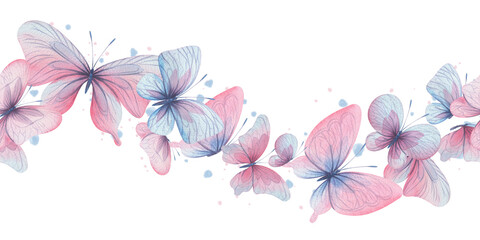 Butterflies are pink, blue, lilac, flying, delicate with wings and splashes of paint. Hand drawn watercolor illustration. Seamless border on a white background, for design.
